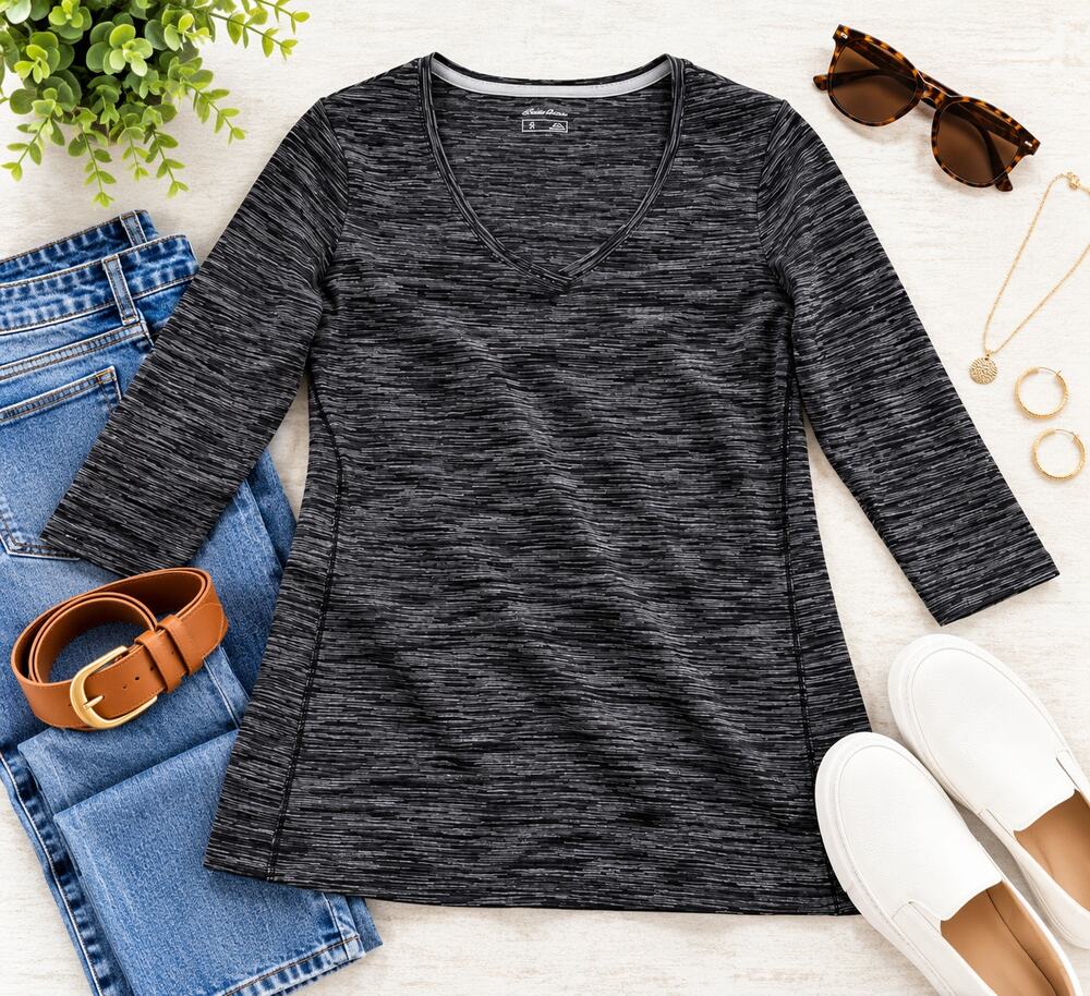 Eddie Bauer Womens Small Black Gray Space Dye V Neck 3/4 Sleeve Top